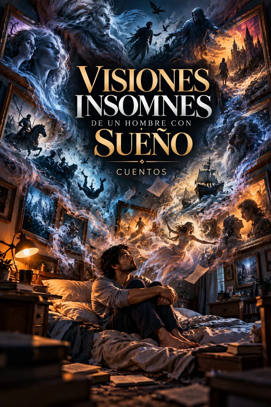 Book cover for Visiones insomnes de un hombre con sueño: a man sitting awake in bed while dream figures swirl around him