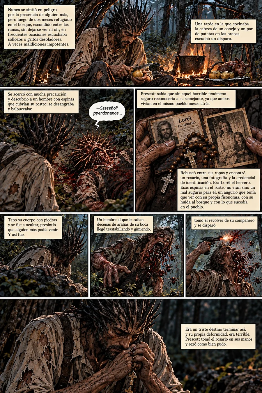 Comic page in Spanish: a man hiding in a forest finds a wounded stranger with thorns growing from his face