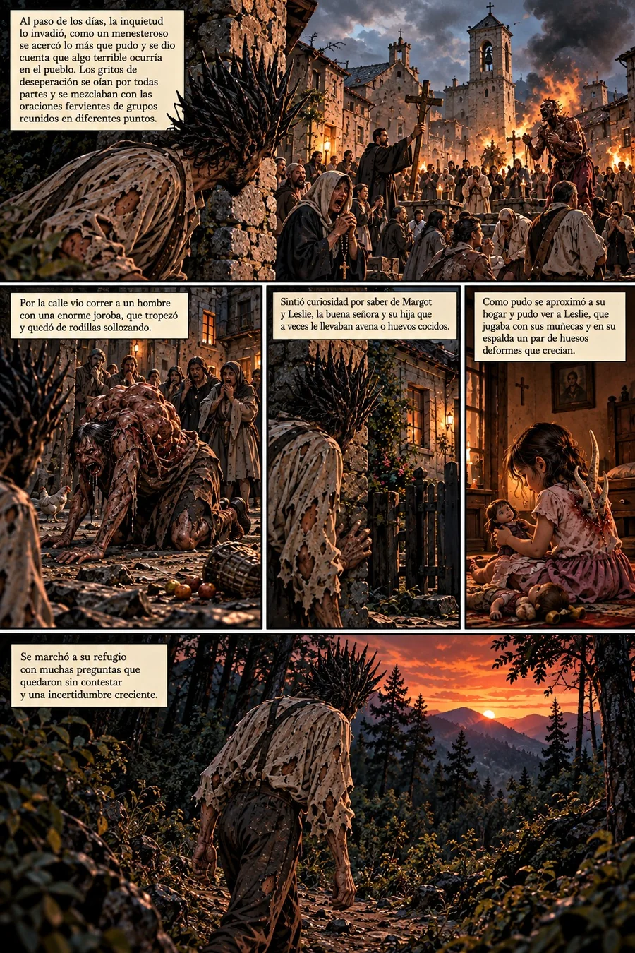 Comic page in Spanish: the man watches a village in panic, then walks back to the forest at sunset